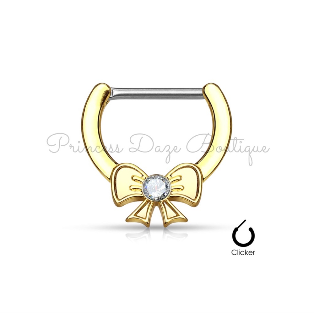 Gold Crystal Center Bow Nipple Ring Set
